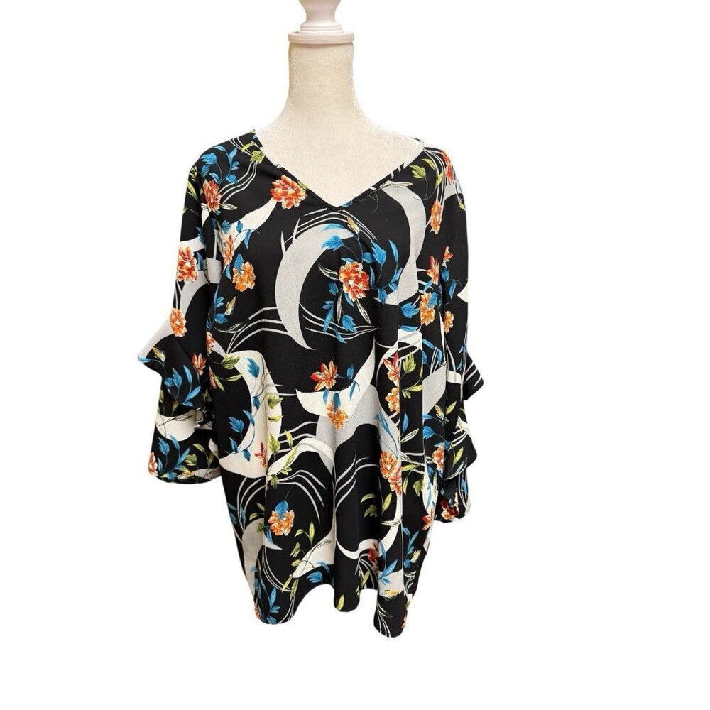 Alfani 1X Black Floral Blouse Bell Sleeve V Neck Flowy Plus Size Top